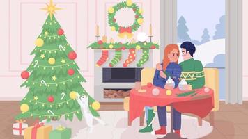 Animated celebration illustration. Christmas time. People in love. Romantic date. Looped flat color 2D cartoon characters animation on decorated cozy home background. HD video with alpha channel