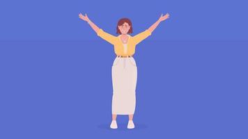Animated delighted lady character. Woman overwhelmed with joy. Full body flat person on blue background with alpha channel transparency. Colorful cartoon style HD video footage for animation