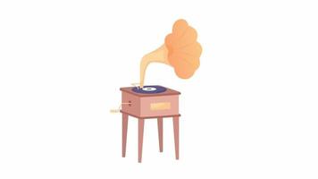 élément de gramophone animé. jouer de la musique. joueur antique. séquences vidéo hd de style dessin animé plat. illustration de couleur d'élément vintage sur fond noir avec transparence de canal alpha pour l'animation video