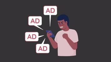 Animated flooded with ads character. Nasty pop up advertisement. Half body flat person on black background with alpha channel transparency. Colorful cartoon style HD video footage for animation
