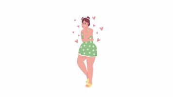 Animated happy curvy woman character. Body acceptance and positivity. Full body flat person on white background with alpha channel transparency. Colorful cartoon style HD video footage for animation