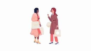 Animated ladies talking characters. Woman with purchases. Shopping. Full body flat people on white background with alpha channel transparency. Colorful cartoon style HD video footage for animation