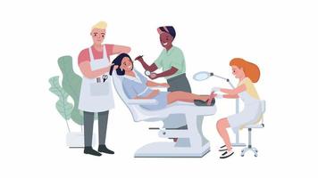 Animated beauty salon characters. Complex of cosmetological procedures. Full body flat people on white background with alpha channel transparency. Colorful cartoon style HD video footage for animation