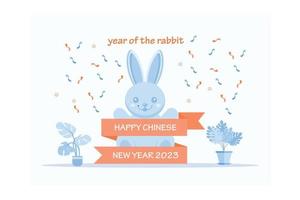 Chinese New Year 2023, the year of the rabbit, red and gold line art characters, simple hand-drawn Asian elements with craft, flat vector modern illustration