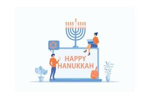Traditional jewish holiday with tiny people and symbols - menorah candles, dreidels spinning top, star David. Happy Hanukkah - text on laptop screen, flat vector modern illustration