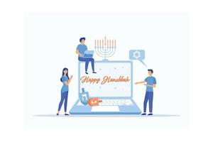 Happy Hanukkah. Traditional jewish holiday with tiny people and symbols - dreidels spinning top, flat vector modern illustration