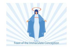 Feast of the Immaculate Conception vector. Blessed Virgin Mary in heaven icon vector. Saint Mary and blue sky vector. Immaculate Conception Day Poster, December 8, flat vector modern illustration