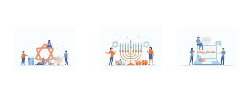 Happy Hanukkah. Traditional jewish holiday with tiny people and symbols - menorah candles, dreidels spinning top, star David. Modern flat cartoon style, set flat vector modern illustration