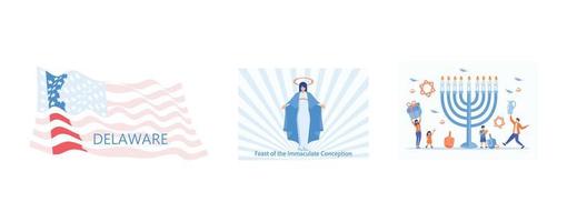 Shape of Delaware state map with American flag, Feast of the Immaculate Conception vector, Happy Hanukkah, set flat vector modern illustration