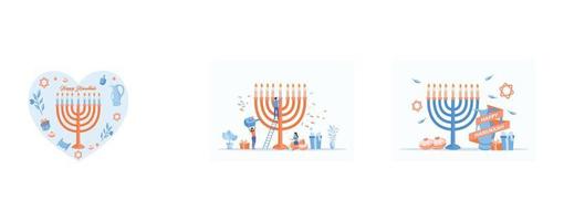 symbols for the Jewish Holiday Hanukkah, concept of Hanukkah holiday menorah decoration with happy tiny people character, Hand sketched Happy Hanukkah logotype, set flat vector modern illustration