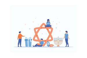 Happy Hanukkah. Traditional jewish holiday with tiny people and symbols - star David, flat vector modern illustration