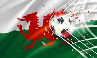 The ball in the soccer net. Goal vector concept with flag of Wales. 3d vector banner with blur effect