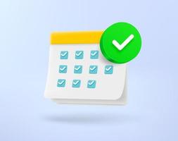 Paper calendar with green checkmark. 3d vector icon