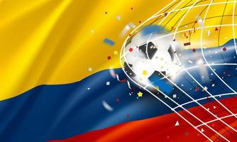 The ball in the soccer net. Goal vector concept with flag of Ecuador. 3d vector banner with blur effect