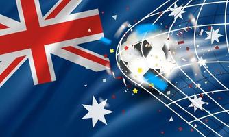 The ball in the soccer net. Goal vector concept with flag of Australia. 3d vector banner with blur effect