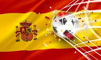 la pelota en la red de fútbol. concepto de vector de gol con bandera de españa. Banner de vector 3d con efecto de desenfoque