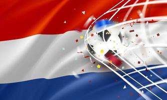 The ball in the soccer net. Goal vector concept with flag of Netherlands. 3d vector banner with blur effect