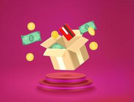 Currency flying out the box. Vector 3d illustration