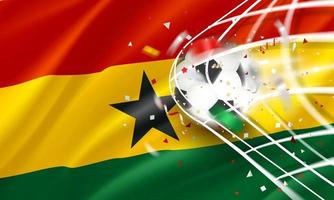 The ball in the soccer net. Goal vector concept with flag of Ghana. 3d vector banner with blur effect