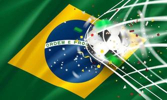 The ball in the soccer net. Goal vector concept with flag of Brazil. 3d vector banner with blur effect