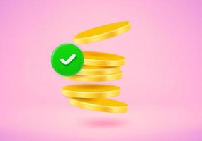 Checkmark and gold coins. 3d vector illustration