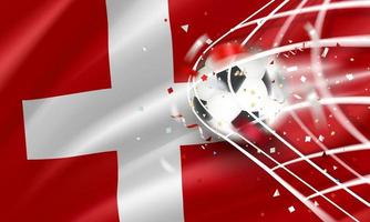 The ball in the soccer net. Goal vector concept with flag of Switzerland. 3d vector banner with blur effect