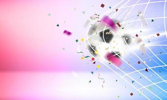 The ball in the soccer net. Goal vector concept. 3d vector banner with copy space