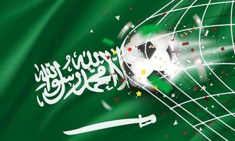 la pelota en la red de fútbol. concepto de vector de objetivo con bandera de arabia saudita.banner de vector 3d con efecto de desenfoque