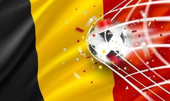 The ball in the soccer net. Goal vector concept with flag of Belgium. 3d vector banner with blur effect