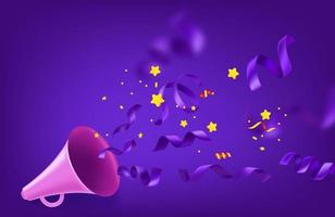 Loud speaker with ribbons and golden confetti. 3D vector