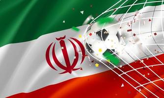 The ball in the soccer net. Goal vector concept with flag of Iran. 3d vector banner with blur effect