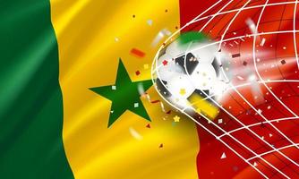 la pelota en la red de fútbol. concepto de vector de objetivo con bandera de senegal. Banner de vector 3d con efecto de desenfoque