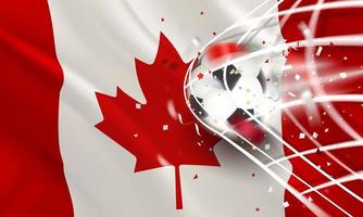 The ball in the soccer net. Goal vector concept with flag of Canada. 3d vector banner with blur effect