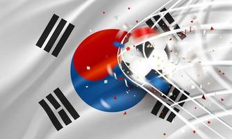 la pelota en la red de fútbol. concepto de vector de objetivo con bandera de la república de corea. Banner de vector 3d con efecto de desenfoque