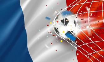 la pelota en la red de fútbol. concepto de vector de gol con bandera de francia. Banner de vector 3d con efecto de desenfoque