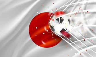 la pelota en la red de fútbol. concepto de vector de objetivo con bandera de japón. Banner de vector 3d con efecto de desenfoque