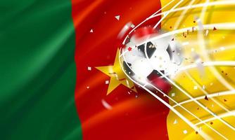 la pelota en la red de fútbol. concepto de vector de objetivo con bandera de Camerún. Banner de vector 3d con efecto de desenfoque