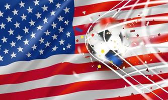 The ball in the soccer net. Goal vector concept with flag of USA. 3d vector banner with blur effect