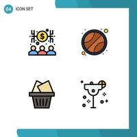 Editable Vector Line Pack of 4 Simple Filledline Flat Colors of banker box money tennis glass Editable Vector Design Elements