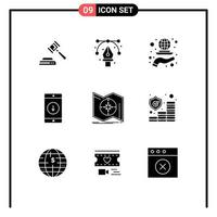 9 User Interface Solid Glyph Pack of modern Signs and Symbols of arrow mobile application globe mobile strategy Editable Vector Design Elements