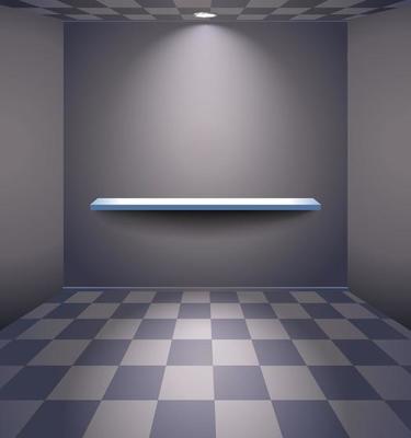 Grey room with checked floor and shelf