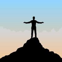 Man silhouette standing on top of mountain. A sign of freedom and success. Vector illustration.