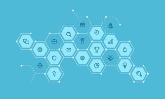 Business analysis, Marketing research, and Data analysis. Hexagon with business icons. Vector illustration.