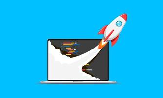 Development application of startup. The rocket takes off from the laptop. vector