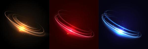 Set of light blue, gold, red, spiral glowing neon lighting and sparkle frame design background with copy space for text. vector