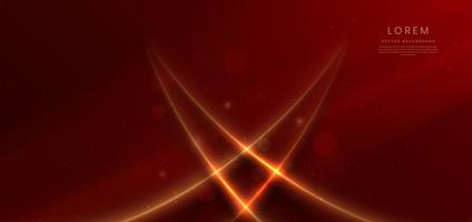 Abstract glowing gold curved lines on red background with lighting effect and sparkle with copy space for text. vector