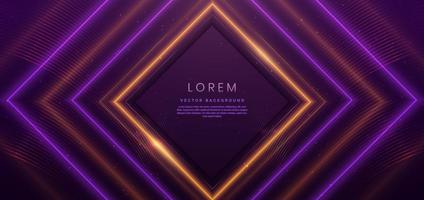 Luxury square frame golden and purple glitter effect glowing on dark purple background with lighting effect sparkle. vector