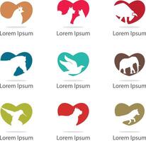 Animal logos collection, animals in heart, horse, bull, bird, elephant, dog, cat heart vector illustration,