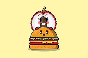 Cute Lychee cartoon character hiding in burger vector