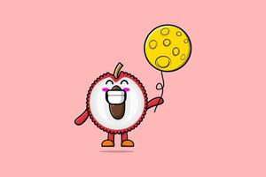 Cute cartoon Lychee floating with moon balloon vector